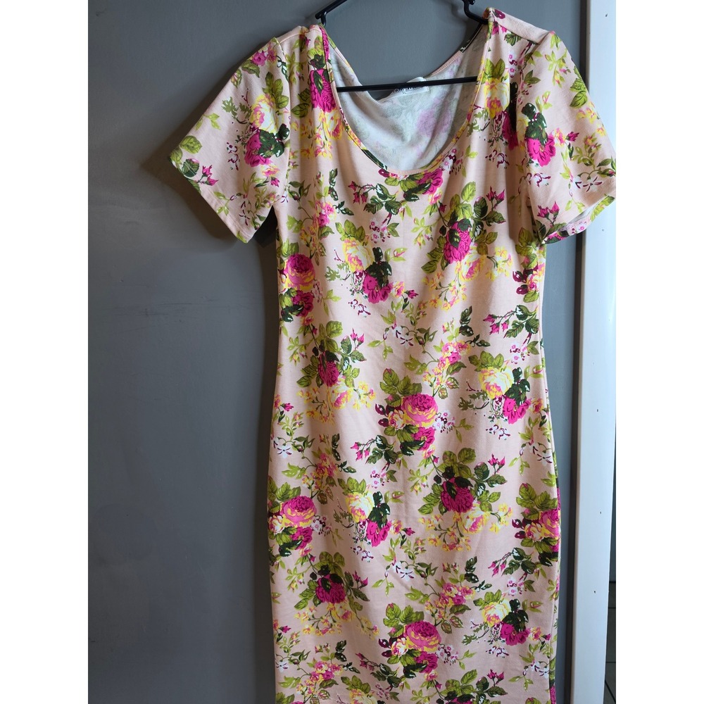 Tam Ware Floral Short Sleeve Scoop Neck Bodycon Sheath Dress Pink XL
